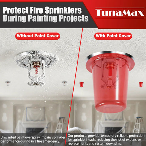 Paint Proof Magnetic Fire Sprinkler Head Covers 10 Pack Reusable Overspray Shields For Contractor Renovation And Interior Painting Jobsites In Bold Red protecting a fire sprinkler from paint.
