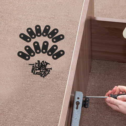 Rugged Flat Mending Plates With Double Holes 12 Pack Black Stainless Steel Straight Brace Brackets for Cabinets and Beds in use