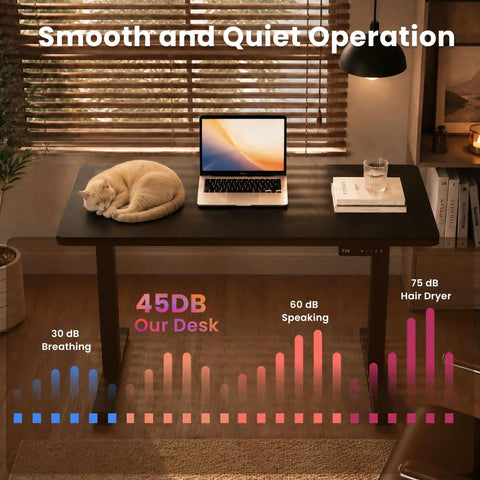 ExaDesk 35 By 20 Inch Electric Standing Desk Compact Height Adjustable Sit Stand Workstation Ergonomic Small Space Home Office Bedroom Black Smooth Motor with laptop and cat.