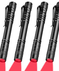 4 Piece Red Light Flashlights Red LED Pen Light Compact Torch For Night Astronomy Aviation Observation And Beach Safety Turtle Friendly Pocket Ready EDC Gear Requires 2 AAA Batteries, showing four flashlights with red beams