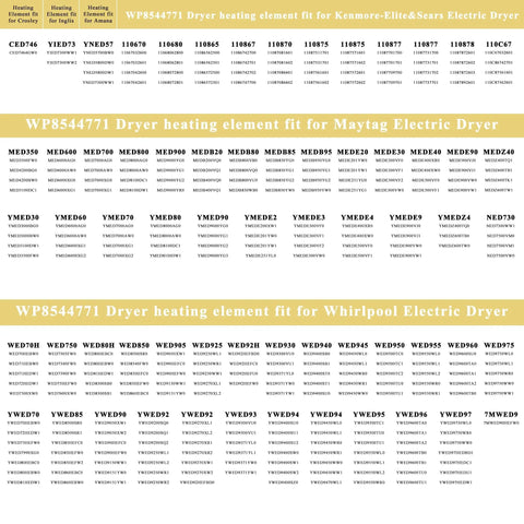 Compatibility chart for WP8544771 dryer heating element kit for Kenmore, Maytag, Whirlpool electric dryers shown.