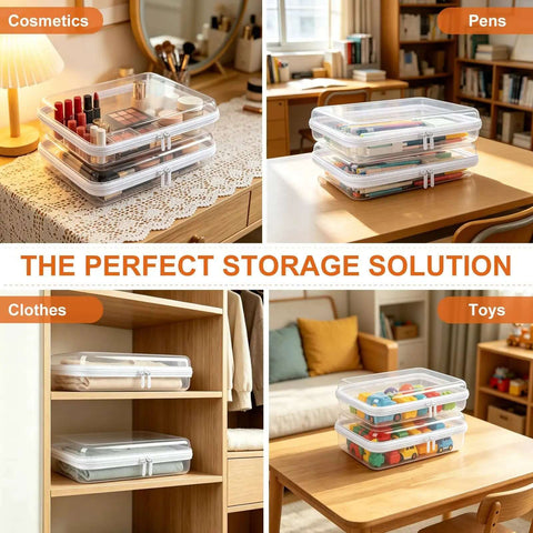 Six Pack Clear Hard Shell Zipper Pouches Waterproof Crush Resistant Storage Bags For Purse Diaper Bag Makeup Toiletries Travel Gear on display with cosmetics, pens, toys, and clothes.