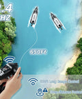 Remote control guiding two RC boats on a lake, highlighting 2.4 GHZ and 650ft range of High Speed RC Boat For Pool Fun 35 KPH Remote Control Racing Boat With 180 Degree Flip And Auto Righting Durable Black Water Toy For Adults And Kids Ages 8 13 Perfect For Summer Splash