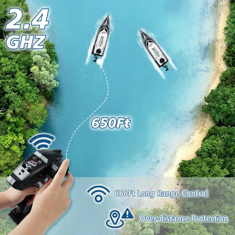 Remote control guiding two RC boats on a lake, highlighting 2.4 GHZ and 650ft range of High Speed RC Boat For Pool Fun 35 KPH Remote Control Racing Boat With 180 Degree Flip And Auto Righting Durable Black Water Toy For Adults And Kids Ages 8 13 Perfect For Summer Splash