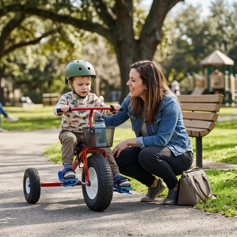 Child riding tricycle with Pedal Stabilizers For Tricycle For Kids With Special Needs Kid Friendly No Slip Pedal Supports in park.