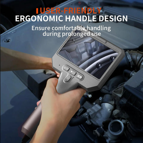 Triple Lens Borescope Pro Grade 1920P HD Endoscope with light and 4.3 inch IPS screen showing engine inspection