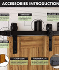 Black Rustic Double Track U-Shape Bypass Sliding Barn Door Hardware Kit For Three Doors, 12ft Flat Track With Anti Jump System components