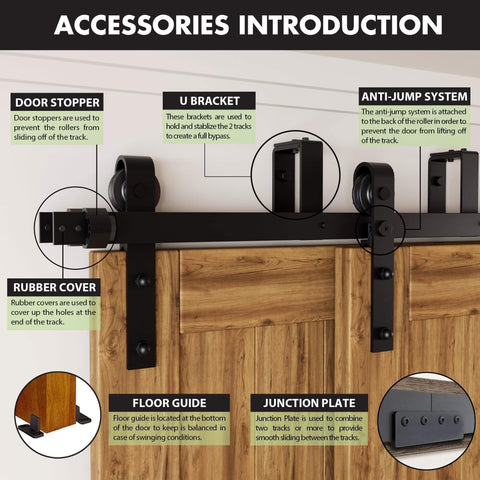 Black Rustic Double Track U-Shape Bypass Sliding Barn Door Hardware Kit For Three Doors, 12ft Flat Track With Anti Jump System components