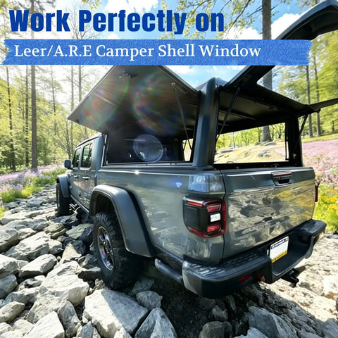 Heavy Duty 15 Inch 30 Pound Gas Struts And Spring Lift Supports No Sweat Drop In Swap For Truck Caps Camper Shells Window Leers Canopy Toolboxes And Lockers Pair on gray truck with A.R.E camper shell.