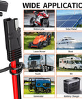 Image showcasing the Straight Up Heavy Duty Sae Extension Cable 12 Foot with various applications like motorcycles, solar panels, and generators.