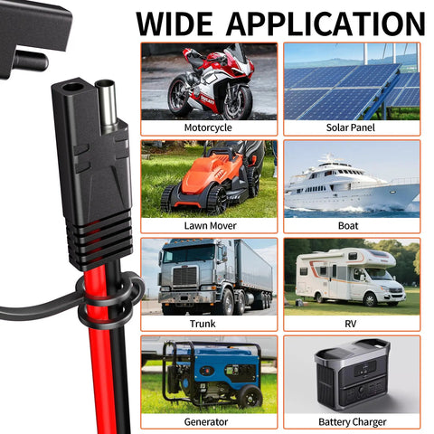 Image showcasing the Straight Up Heavy Duty Sae Extension Cable 12 Foot with various applications like motorcycles, solar panels, and generators.