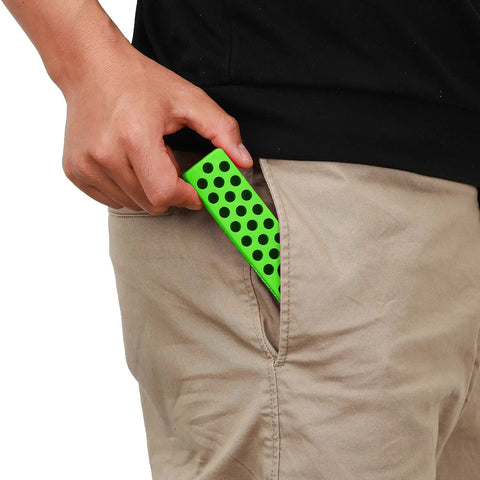 Person holding Magnetic Hex Bit Holder Rack Organizer with green color, showing pocket-size design.