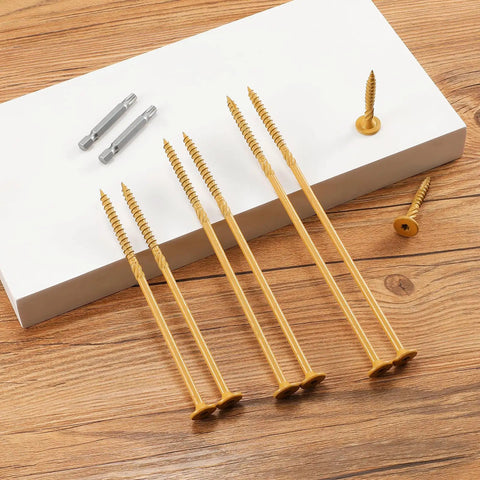 Beefy Heavy Duty Structural Wood Deck Screws Number Fourteen By Two Inches With Knockout Rust Resistant Epoxy Finish and Flat Head Star Drive For Built Tough Outdoor Decking Forty Piece Bundle placed on a wooden surface.