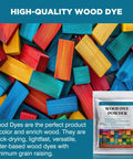 Premium Wood Stain Powder Kit For Indoor And Outdoor Furniture Deck Crafting Projects Fast Drying Wood Dye Mix With Bold Colors For A Pro Look Zero Drama Guarantee, colorful wood dye powder in packets and wooden blocks.
