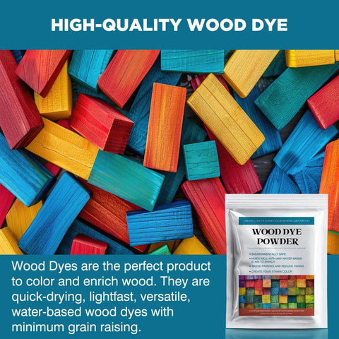 Premium Wood Stain Powder Kit For Indoor And Outdoor Furniture Deck Crafting Projects Fast Drying Wood Dye Mix With Bold Colors For A Pro Look Zero Drama Guarantee, colorful wood dye powder in packets and wooden blocks.