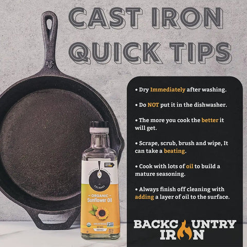 12 Inch Round Large Preseasoned Cast Iron Skillet with tips, oil bottle for seasoning instructions displayed next to it.