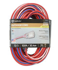 Heavy Duty Outdoor Indoor Extension Cord 100 Foot 12/3 SJTW With Beefed Up Contractor Grade Durability UL Certified Red White Blue