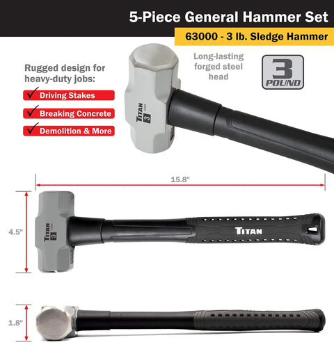 3 lb sledge hammer from five piece hammer set, shock absorbing fiberglass handle with textured grip, detailed side view