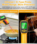 Dual Mode Infrared Temperature Gun With Non Contact IR And K Type Probe measuring food temperature, display showing readings