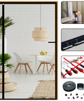 Reversible Screen Door With Magnetic Closure For Sliding Doors And Doorways Heavy Duty Fiberglass Bug Mesh That Keeps Bugs Out Self Closes Left Or Right Side Opening Pet Friendly 36 By 96 Inches shown in living room setting.