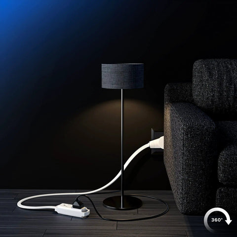 360 Degree Rotating Flat Extension Cord With 6 Ft Length, 3 Outlet Grounded Power Cord, 16 AWG UL Certified, installed behind sofa.