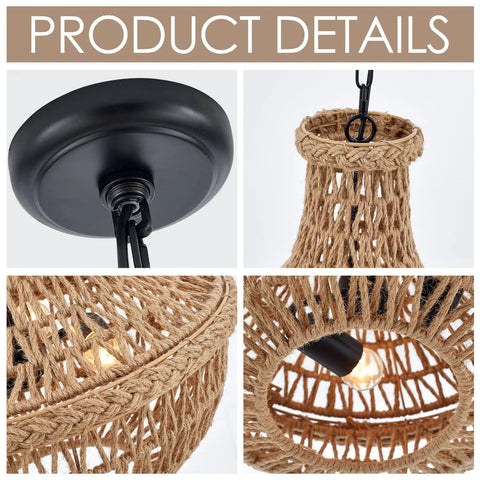 Details of Rustic Hemp Rope Pendant Light With Handwoven Shade 3 Light Vintage Style Chandelier Farmhouse Dining Room