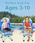 Kids Outdoor Folding Lawn And Camping Chair With Cup Holder and Cute Shark Pattern at the beach, perfect for ages 3-10.