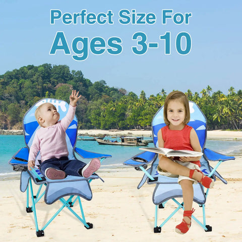 Kids Outdoor Folding Lawn And Camping Chair With Cup Holder and Cute Shark Pattern at the beach, perfect for ages 3-10.