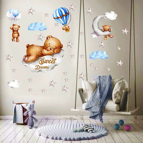 Moon And Stars Sleeping Bear Wall Stickers Set For Nursery Decor Cozy Baby Room With Dreamy Hot Air Balloon Night Sky Theme Vinyl Peel And Stick Wall Decals