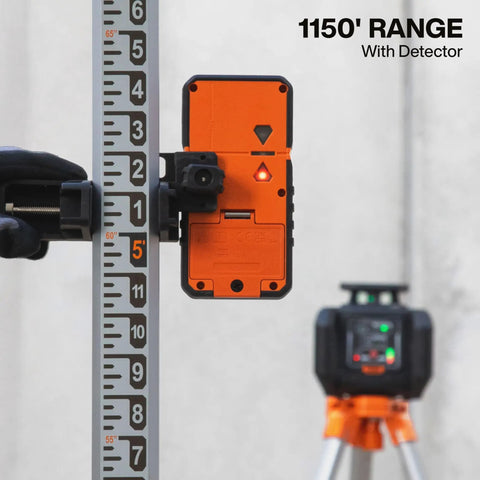 Green Self Leveling Rotary Laser Level Kit With Plumb Spot For Pro Grade Precision In Horizontal And Vertical Alignment, 1150 Foot Range With Detector, Rechargeable, Tripod, 9 Foot Grade Rod, Carrying Case, Class 3R, detector on grade rod