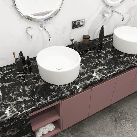 Bathroom vanity with Extra Wide Black White Marble Contact Paper 31.5x197 Inches Peel And Stick Self Adhesive Vinyl Wallpaper.