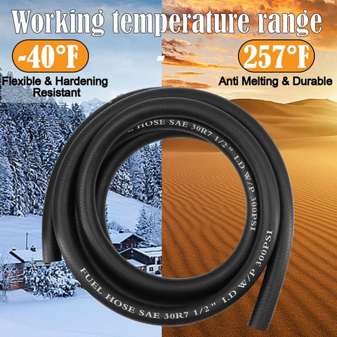 Half Inch Fuel Line Hose 10 Foot With Push Lock NBR Rubber SAE 30R7 300 PSI showing temperature range -40°F to 257°F