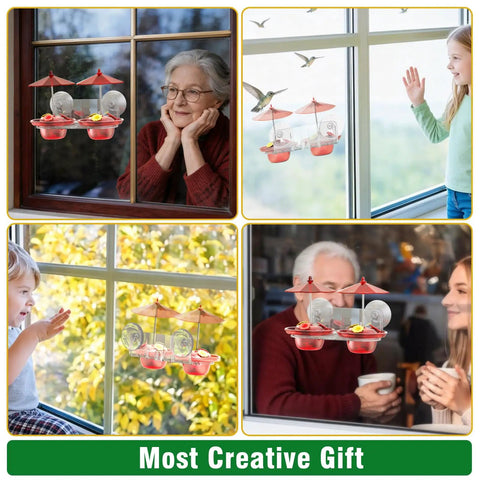 Window Mounted Hummingbird Feeder With Strong Suction Cups Bee Proof Ports Ant Moat And Dual Sun Shades Two Point Six Ounces Capacity Easy To Fill And Clean For Close Up Bird Watching installed on window with people watching.