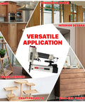 Hella Smooth Pneumatic Pin Nailer 23 Gauge With Badass Air Pressure Control And 2160 Premium 1/2 To 1-3/8 Stainless Pins For Flawless Finishing and custom woodwork builds on display in a versatile applications collage.