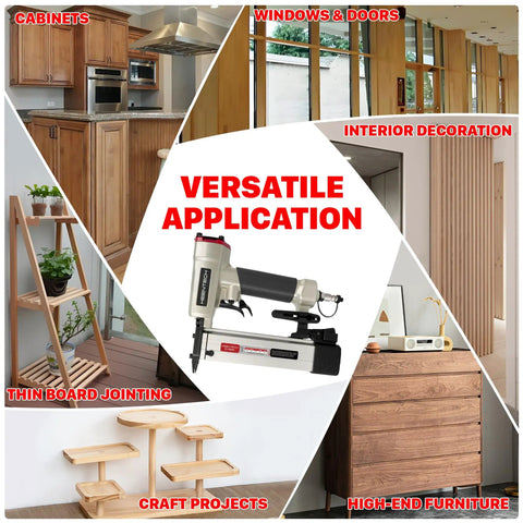 Hella Smooth Pneumatic Pin Nailer 23 Gauge With Badass Air Pressure Control And 2160 Premium 1/2 To 1-3/8 Stainless Pins For Flawless Finishing and custom woodwork builds on display in a versatile applications collage.