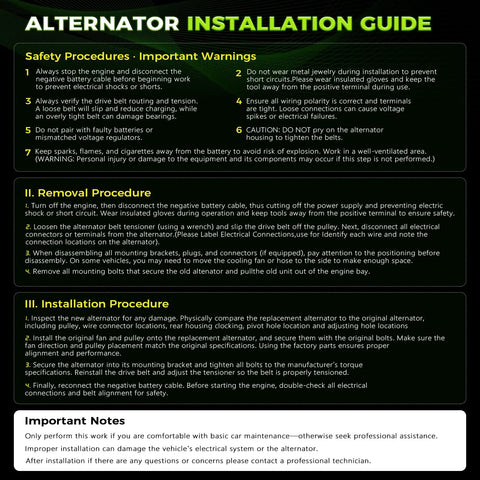 Alternator installation guide with safety warnings, removal, and installation procedures for automotive alternators.