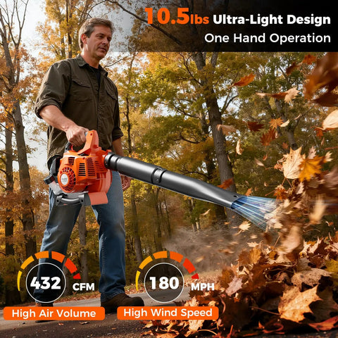 Man using Beast Power 25.4cc Gas Leaf Blower With 432 CFM Airflow And 180 MPH Wind for fall leaves cleanup in a park