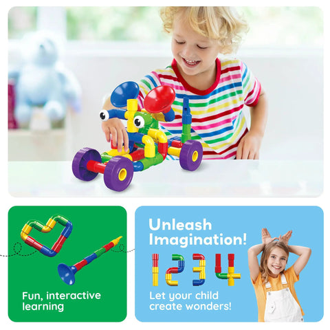 Child playing with 136-Piece Tubular Pipes And Spout STEAM Interlocking Building Block Set With Storage Box, colorful toy assembly.