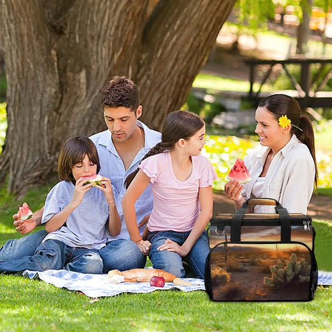 Family enjoying picnic with Desert Sunset Cactus Cooler Bag Insulated Lunch Box For Men And Women Small Portable Beach Cooler