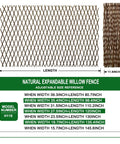 Expandable Willow Garden Trellis Plant Support size chart showing adjustable dimensions for width and length, 11x47 closed and 22x120 open.