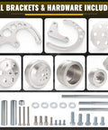 Chevy Small Block Serpentine Conversion Kit with polished billet aluminum pulleys, brackets, and hardware for SBC engines
