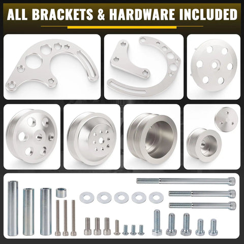 Chevy Small Block Serpentine Conversion Kit with polished billet aluminum pulleys, brackets, and hardware for SBC engines
