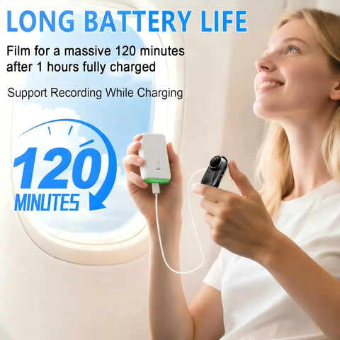 Woman holding Thumb Size 1080P Wearable Body Camera With 64GB Card for vlogging next to window, emphasizing long battery life.