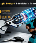 Cordless Brushless Sheet Metal Shear With 360 Degree Pivoting Head, 14 Gauge Cutting Capacity For Stainless Steel Iron Leather And Carpet, Bare Tool, Compatible With 18V Max Batteries shown with high torque brushless motor and scissors.