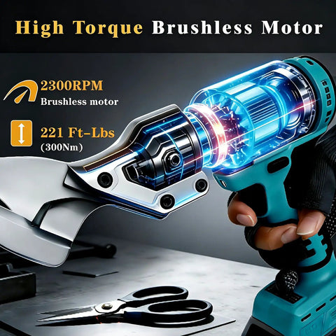 Cordless Brushless Sheet Metal Shear With 360 Degree Pivoting Head, 14 Gauge Cutting Capacity For Stainless Steel Iron Leather And Carpet, Bare Tool, Compatible With 18V Max Batteries shown with high torque brushless motor and scissors.