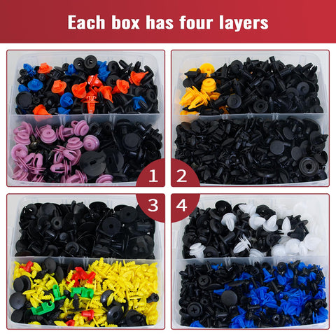 Four-layer storage of Massive 1931 Piece Car Clip And Rivet Kit With 40 Practical Sizes Auto Push Pin Fasteners for various vehicles