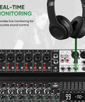 Eight Channel Audio Mixer Console For Pro Sound With 99 DSP Effects and headset attached for real-time monitoring.