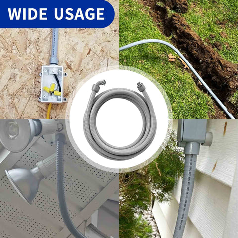 Half Inch Flexible Liquid Tight PVC Electrical Conduit Kit for Outdoor Use in 100 Feet Non Metallic Grey, installed different environments.