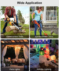 50 Foot Outdoor Extension Cord With Six Outlets And Weatherproof Safety Cover ETL Listed Indicator Light 13A 125V 1625W Heavy Duty Power Cable With Built In Organizer shown in use for various outdoor applications including construction, garden, patio, and holiday lighting.