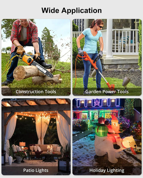 50 Foot Outdoor Extension Cord With Six Outlets And Weatherproof Safety Cover ETL Listed Indicator Light 13A 125V 1625W Heavy Duty Power Cable With Built In Organizer shown in use for various outdoor applications including construction, garden, patio, and holiday lighting.